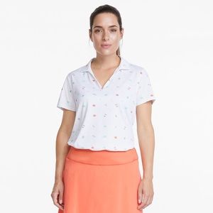 PUMA White, Coral & Green Soft Breathable MATTR Galapagos Golf Polo Shirt, M